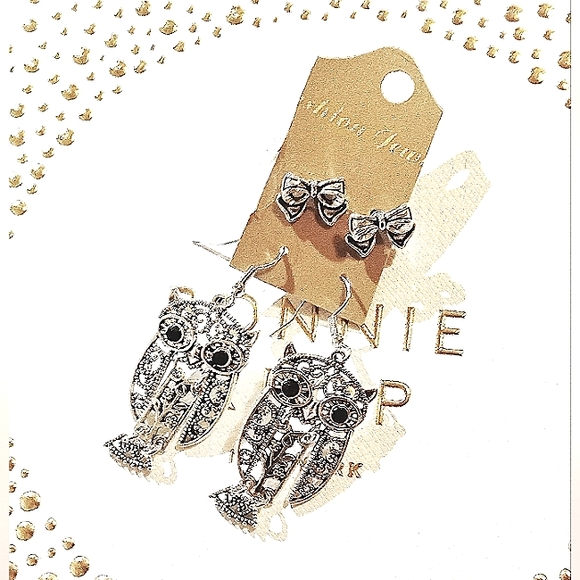 Cute Silver Owl Dangle Earrings & A Darling Pair Of Silver Ribbon Stud Earrings - Picture 3 of 8